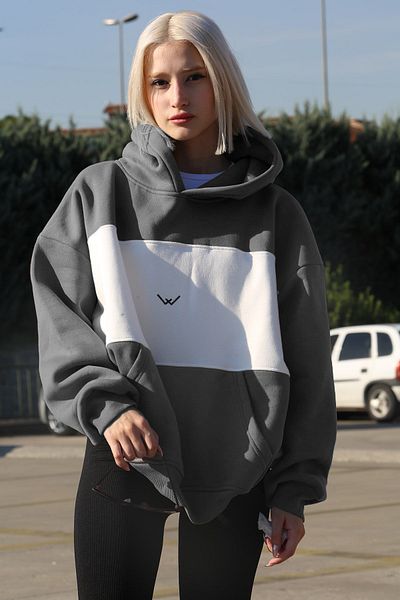 Madmext Dyed Gray Color Block Raised Sweatshirt Mg1544