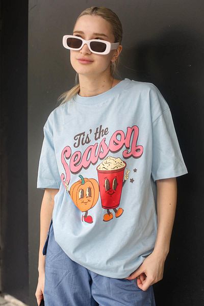 Madmext Tricou pentru damă cu gât crew cu imprimeu albastru gheață Mg1776