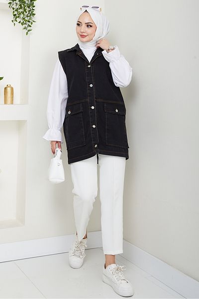 Bestenur Denim Vest with Cover Pocket 1431 - Black
