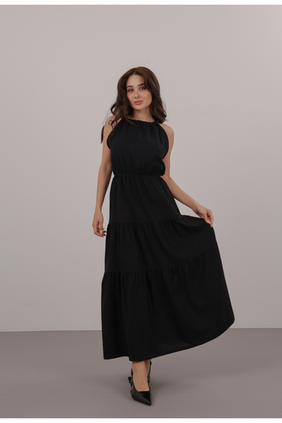 FACETTE Women's2022459932 Black Beaded Strap Flounce Dress