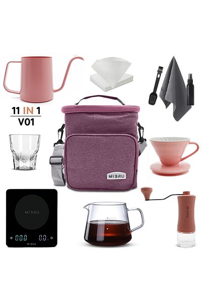 MIBRU V60 Coffee Drip Pour Over Set 11 Pcs Manual Brewer Kettle Grinder Dripper Filter Barista Kit Pink