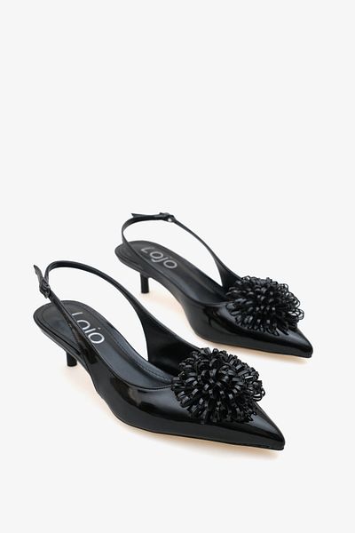 LOJO Women's Flower Buckle Open Back Pointed Toe Heeled Stiletto Fernas Black