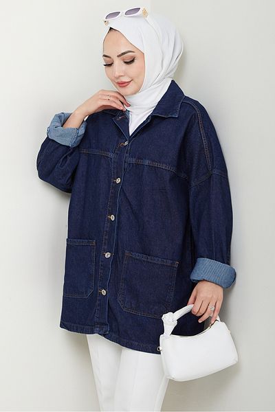 Bestenur Seliy Oversize Jeans Jacket 1455 - Σκούρο Μπλε