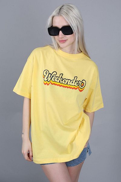 Madmext Gelb bedrucktes Oversize-Damen-T-Shirt mit Rundhalsausschnitt