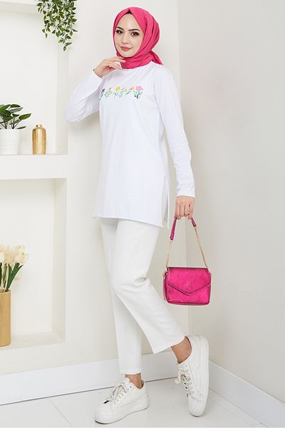 Bestenur Flower Pattern Hijab Tunic 1425 - White