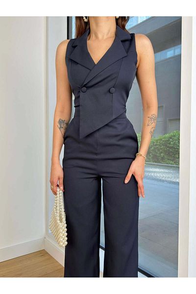 HARMONY GLOBAL Women's Navy Blue Lycra Crepe Fabric Double Breasted Collar Sleeveless Jumpsuit 90018