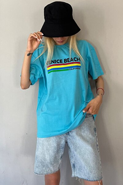 Madmext Turquoise Printed Over Fit T-Shirt Mg1516