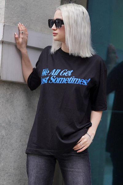 Madmext Černé oversize tričko Mg1532 s potiskem