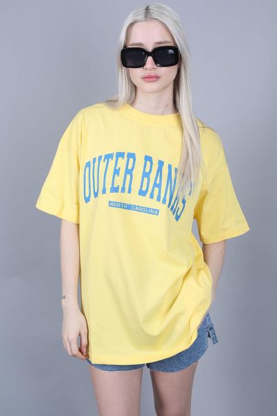 Madmext Gelb bedrucktes Oversize-Damen-T-Shirt mit Rundhalsausschnitt