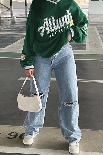 Madmext Yeşil Baskılı V Yaka Sweatshirt Mg1576