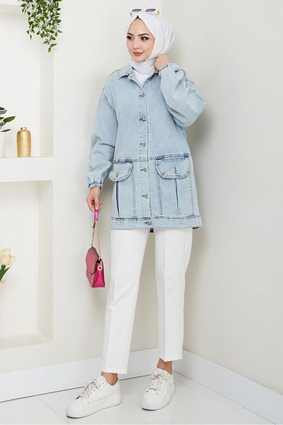 Bestenur Oversize τζιν μπουφάν με τσέπη τσάντας 1442 - Ice Blue
