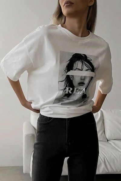 Madmext Ecrufarbenes, übergroßes, bedrucktes Damen-T-Shirt Mg1764