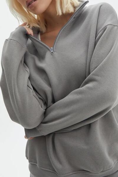 Madmext Dyed Gray Zipper Detailed Oversize Sweatshirt MG1933