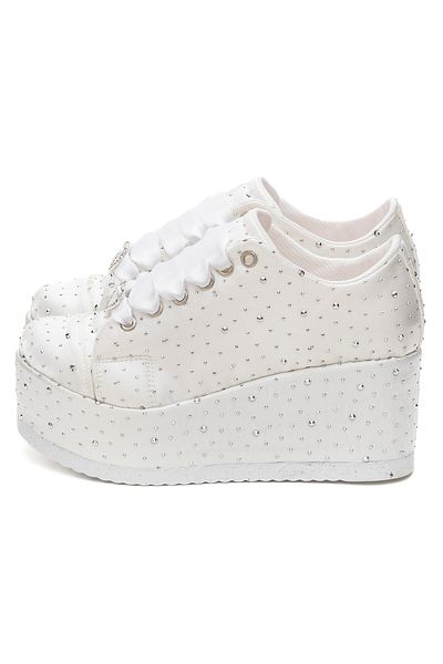 Stilo White Crystal Stone Satin Coated Sole Wedge Heeled Evening Dress Shoes