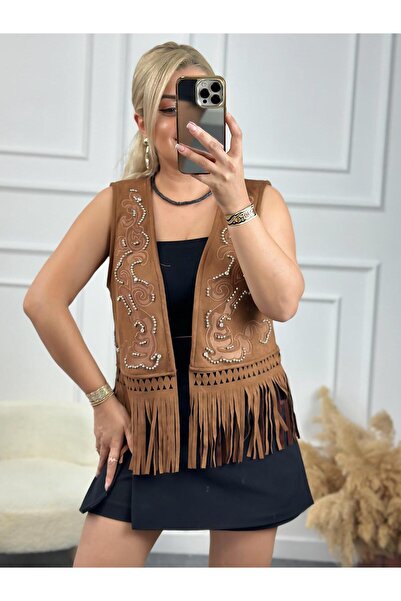 MELTEM TUĞAN Brown Suede Vest - Embroidery and Stone Print Detail