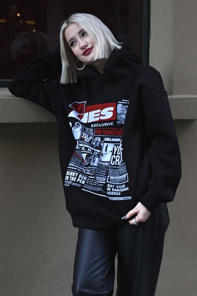 Madmext Black Printed Oversize Hooded Women's Sweatshirt Mg1581