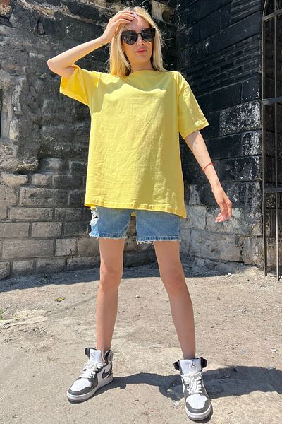 Madmext Gelbes, auf der Rückseite bedrucktes, übergroßes Damen-T-Shirt mit Rundhalsausschnitt