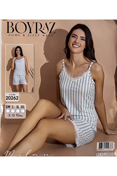 Kadın Mavi Çizgili Askılı Pijama Takımı