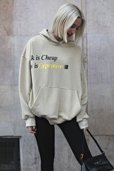 Madmext Beige bedrucktes Oversize-Kapuzenpullover Mg1573