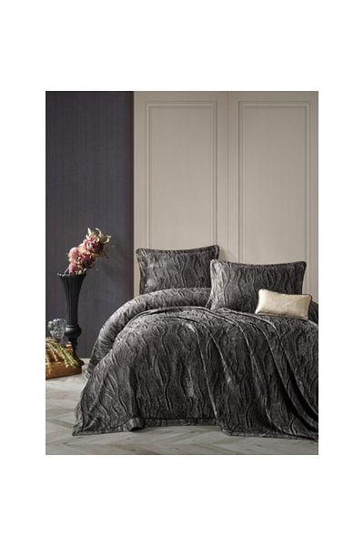 Cotton Box Set lux cuvertura jacquard 250x260cm + 2 fete perna, Carita Antracit