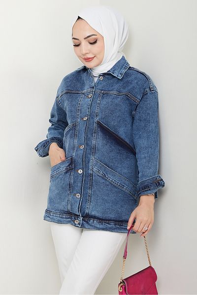 Bestenur Τζιν μπουφάν με διπλή τσέπη Oversize 1436 - Μπλε