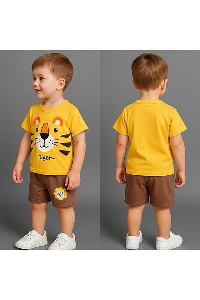 MİLANO KİDS Boy's Tiger Print Summer Bottom Top Shorts Suit