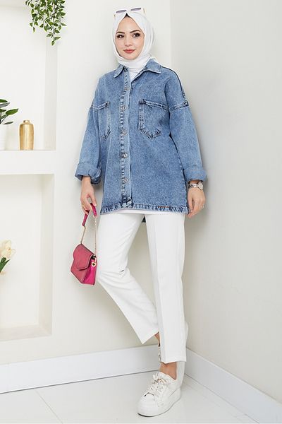Bestenur Aysila Oversize τζιν μπουφάν 1463 - γαλάζιο