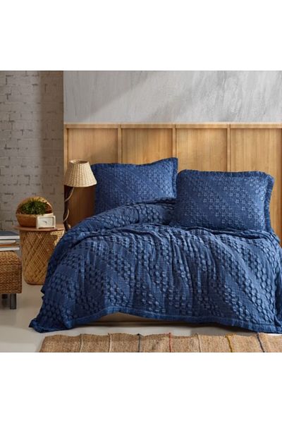 Şaheser Set cuvertura + 2 fete perna, gofrata, bumbac 100%, 220x240cm, Enza Denim