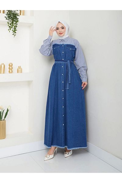 EFSUN MODA MANECI ZGÂRITE DETAIL CĂMĂȘI ROCHIE DENIM TESTETÜR 775 BLUZĂ ÎNCHISĂ