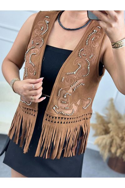 MELTEM TUĞAN Brown Suede Vest - Embroidery and Stone Print Detail