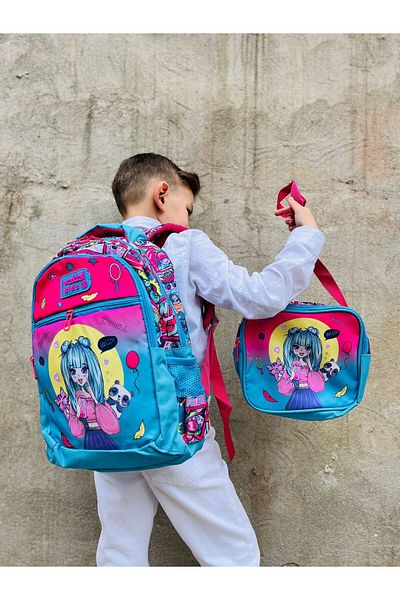 Çanta Trend Rucsac și cutie de prânz pentru școală primară pentru fete cu model anime albastru roz cu licență Waddell