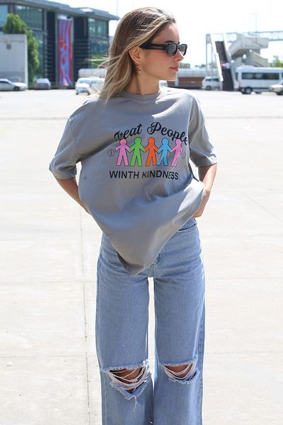 Madmext Gefärbtes graues bedrucktes Oversize-T-Shirt Mg1523