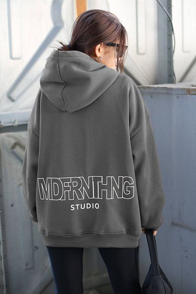 Madmext Mad Girls gefärbtes graues bedrucktes Oversize-Sweatshirt Mg1287