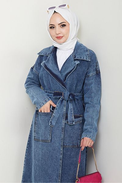 Bestenur Zeyal Belted Denim Trench 1434 - Μπλε
