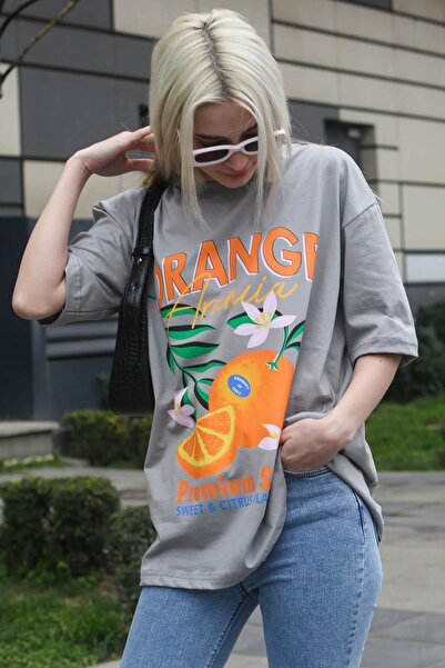 Madmext Dyed Gray Printed Crew Neck Women's T-Shirt Mg1707