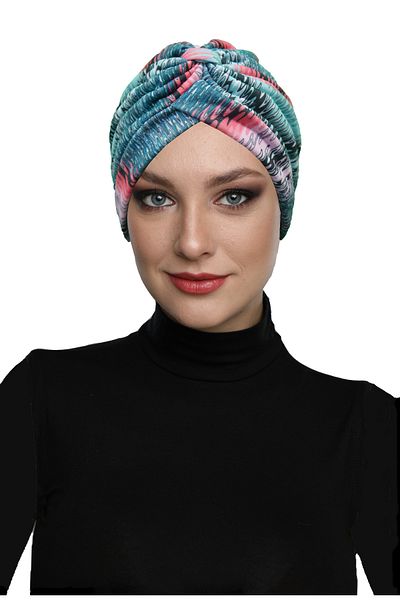 fidan bone Mavera Model Colorful Patterned Cross and Band Detailed Lined Ready-Made Turban Hijab Pool Cap