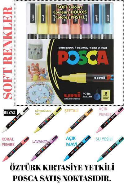 Uni Posca 8'Li Soft Color Set (8 Most Prefered Soft Colors) Pc-3M (0.9-1.3mm) Poska Pc3M Pc - 3m