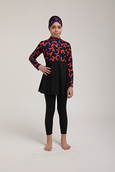 Chelly Kız Çocuk Pileli Uzun Kollu Taytlı Tam Kapalı Tesettür Mayo S