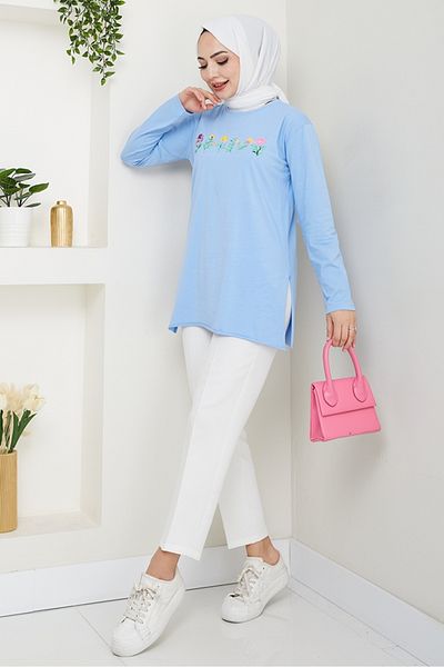 Bestenur Flower Pattern Hijab Tunic 1425 - Baby Blue