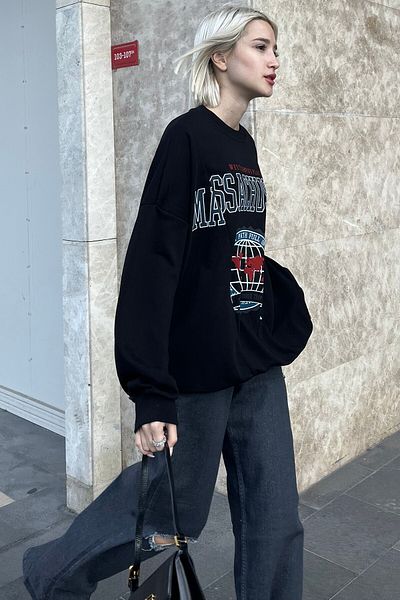 Madmext Black Crew Neck Printed Oversize Women's Sweatshirt Mg1588