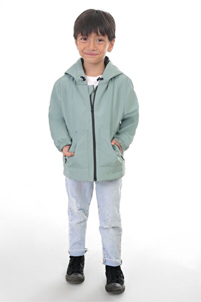 Royalside Sport Boy Mint Green Lined Water and Windproof Hooded Double Zipper Rain Jacket