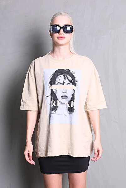 Madmext Μπεζ oversized με τύπωμα Γυναικείο μπλουζάκι MG1764