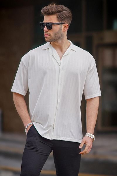 Madmext Ανδρικό κοντομάνικο πουκάμισο εκρού ριγέ 6738