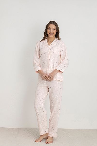 DOFİ Dofi Women's Salmon Polka Dot Pajama Set Long Sleeve with Button Closure and Pocket and Cuff Detail