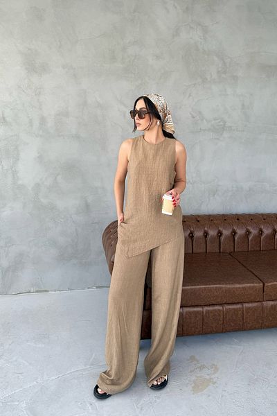 Seda Yalçın Atelier Mink Asymmetric Cut Blouse Trousers Set
