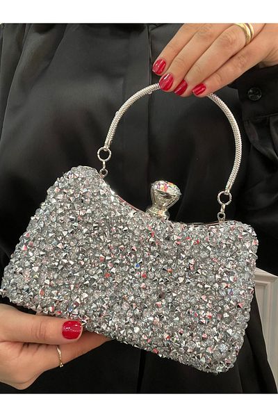 Baykuş Boutique Geantă pentru rochie de seară de noapte Crystal Hairy Stone, geantă cu lanț cu cataramă și curea de mână