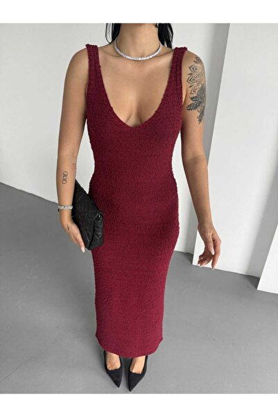 LE CARAMBOLE Γυναικείο μπορντό μπροστινό πίσω φόρεμα με λαιμόκοψη V νέας σεζόν Καλοκαιρινό πλεκτό