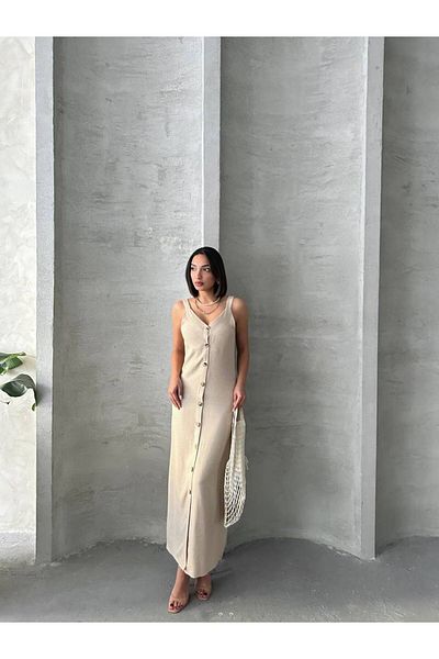 ÇEÇİM Women's Strappy V-Neck Buttoned Gabardine Midi Dress Zyn-58775