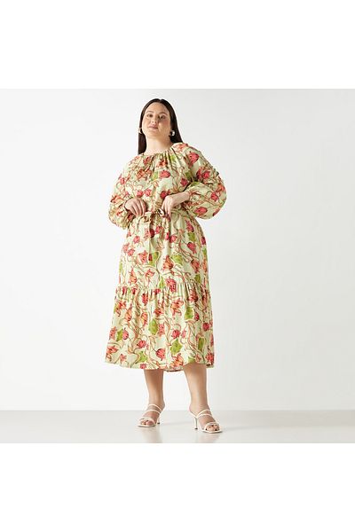 FAV Plus Size All-Over Floral Print Tiered Dress with Tie-Ups and Long Sleeves