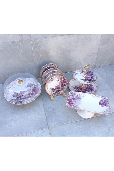 Pinkev 9 Piece Purple Floral Ceramic Cake Fan Cake Presentation Plate Set